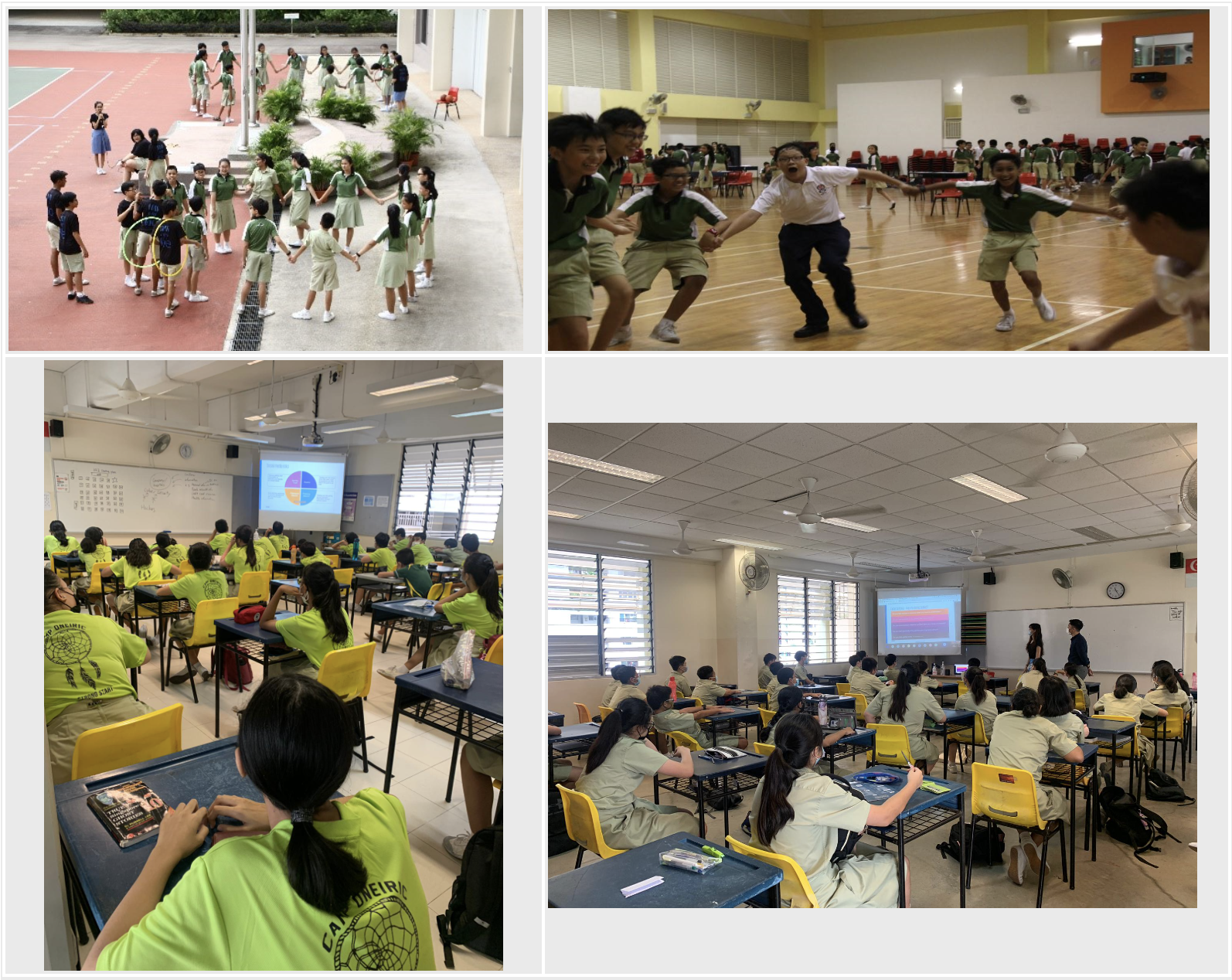 Four scenes of school students in uniforms playing group games outdoors and indoors, and sitting in classrooms watching projected presentations.